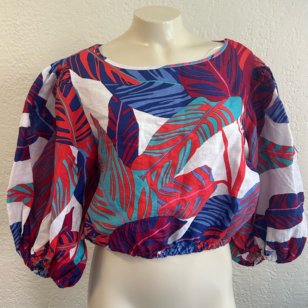 MAGASCHONI MULTICOLORED 100% LINEN PUFF SLEEVES TOP MED NWT